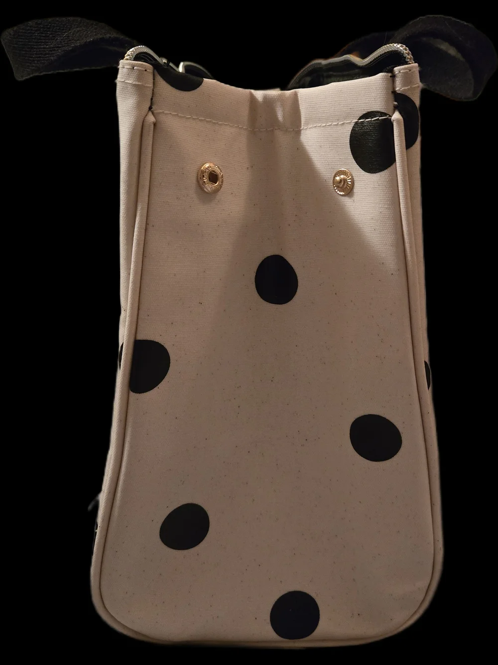 kate spade Beige Canvas Lunch Tote w Black Polka Dots,Gold Zipper,Snaps 10x9x6
